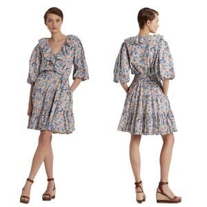 NWT Lauren ralph Lauren Size 14 Floral Ruffle-Trim Cotton Voile Lined Dress